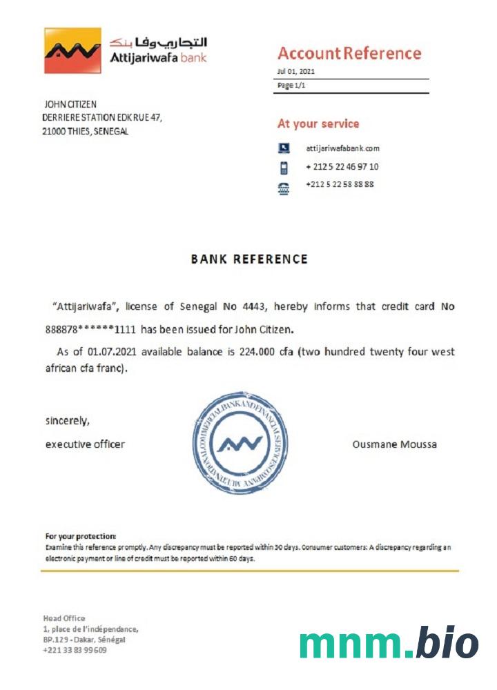 Przykład odniesienia banku Senegal Attijariwafa w formatach Word i PDF